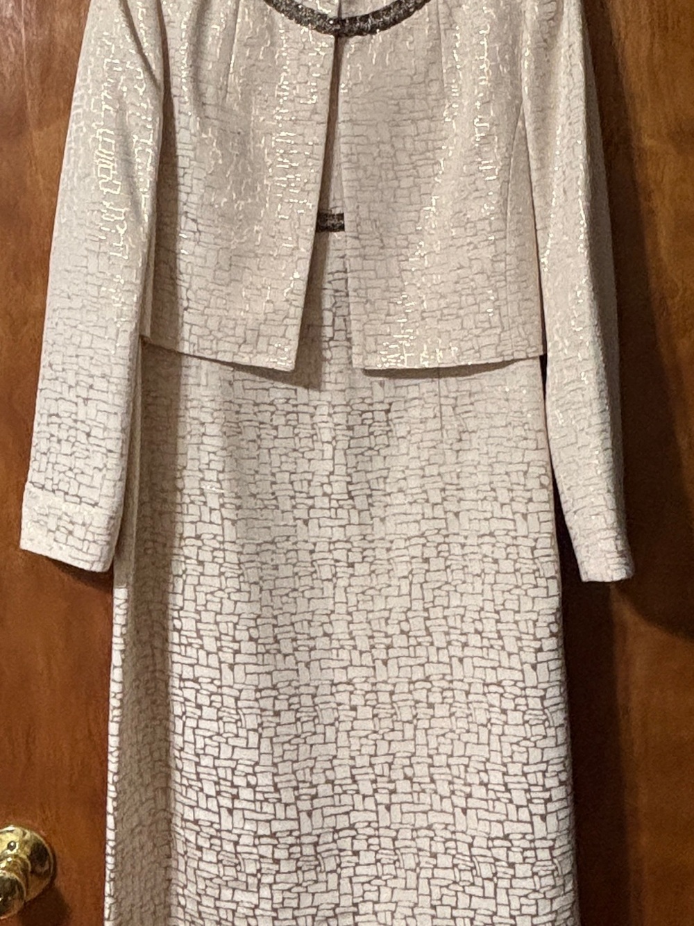 Kasper Cream and Gold Textured Two-Piece Jacket and Skirt Set